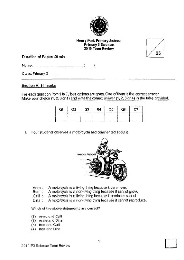Henry Park P3 Sci WA3 2019 exam paper PDF first page preview