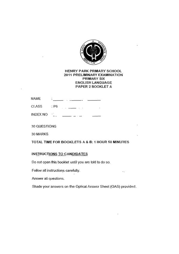 Henry Park P6 Eng SA2 2011 exam paper PDF preview