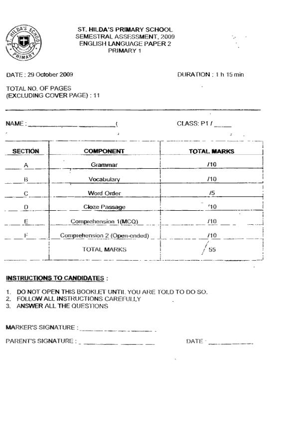 St Hildas P1 Eng SA2 2009 exam paper PDF first page preview