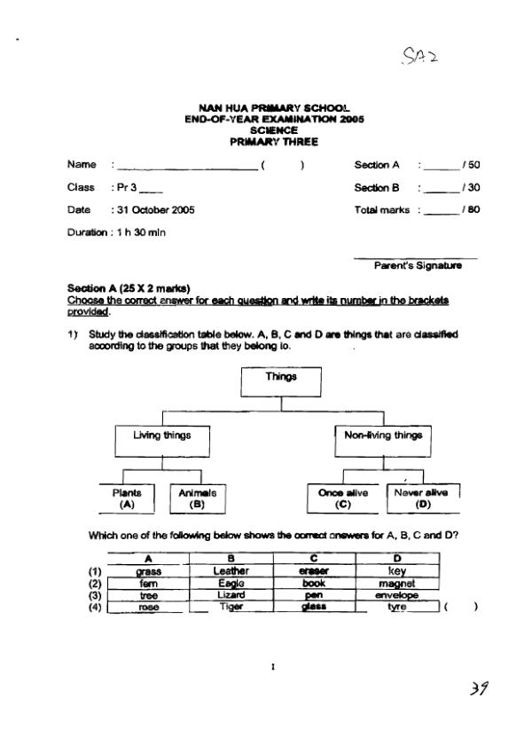 Nan Hua P3 Sci SA2 2005 exam paper PDF preview