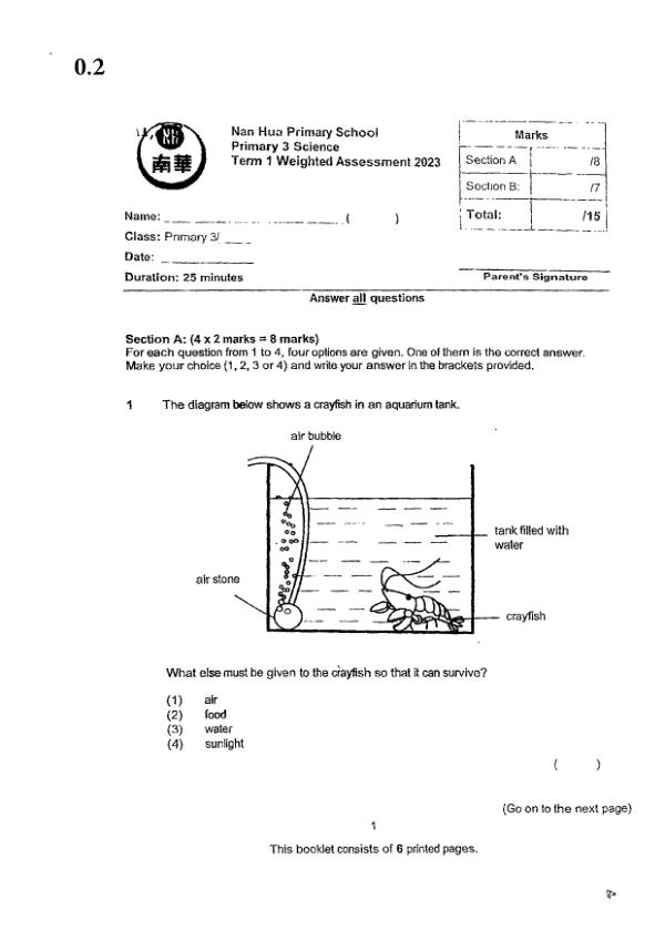 Nan Hua P3 Sci WA1 2023 exam paper PDF first page preview