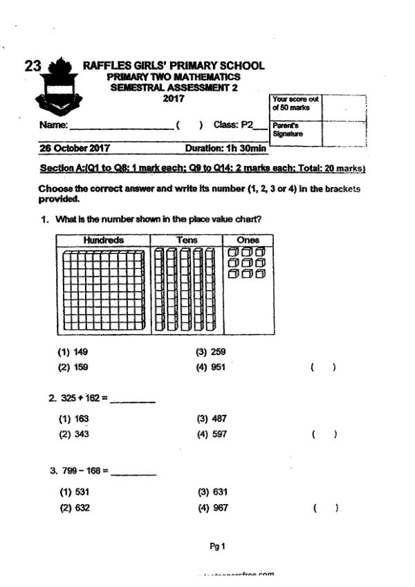 First page preview of P2 Math 2017 SA2 — Raffles Girls