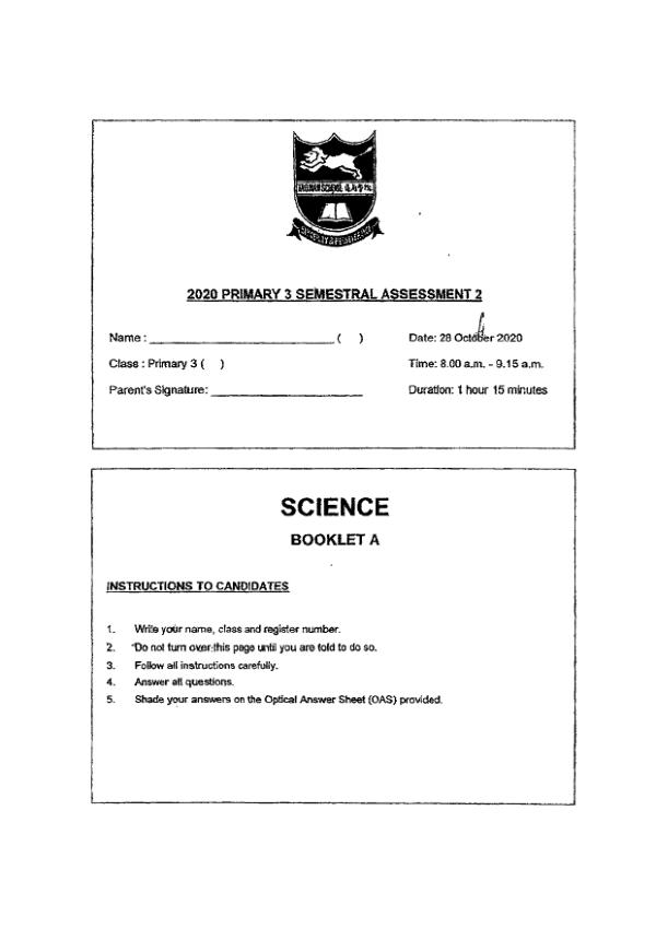 Tao Nan P3 Sci SA2 2020 exam paper PDF preview