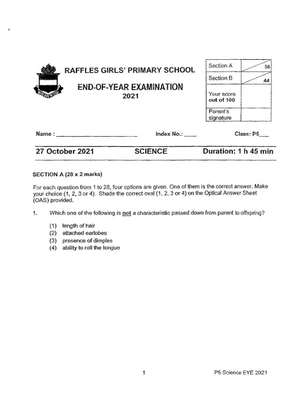 Raffles Girls P5 Sci SA2 2021 exam paper PDF preview