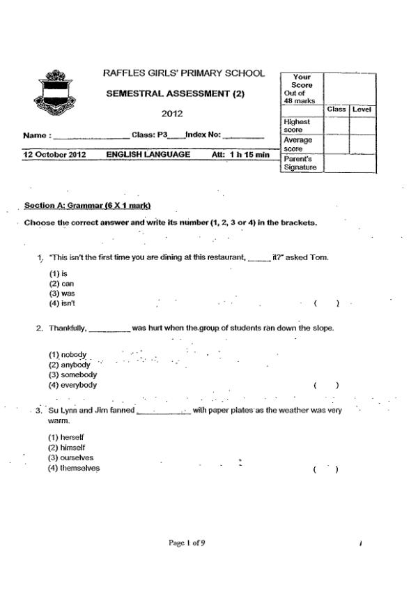 Raffles Girls P3 Eng SA2 2012 exam paper PDF preview