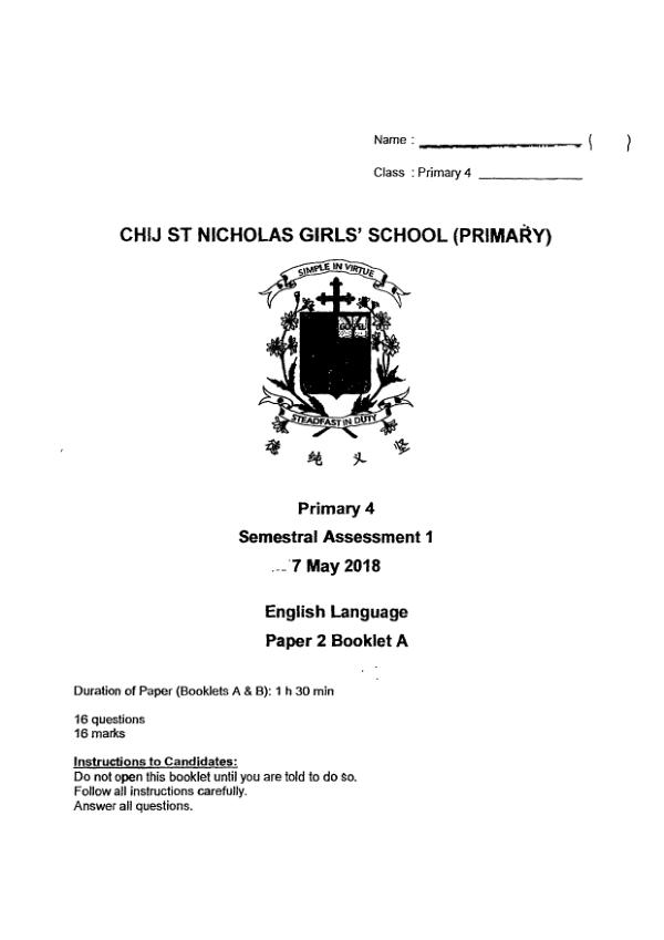 CHIJ P4 Eng WA2 2018 exam paper PDF first page preview