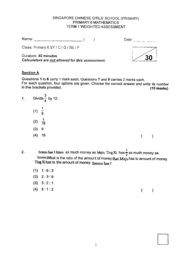 First page preview of P6 Math 2023 WA1 — Singapore Chinese Girls