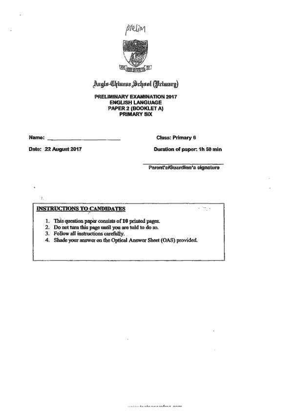 Anglo Chinese P6 Eng SA2 2017 exam paper PDF first page preview