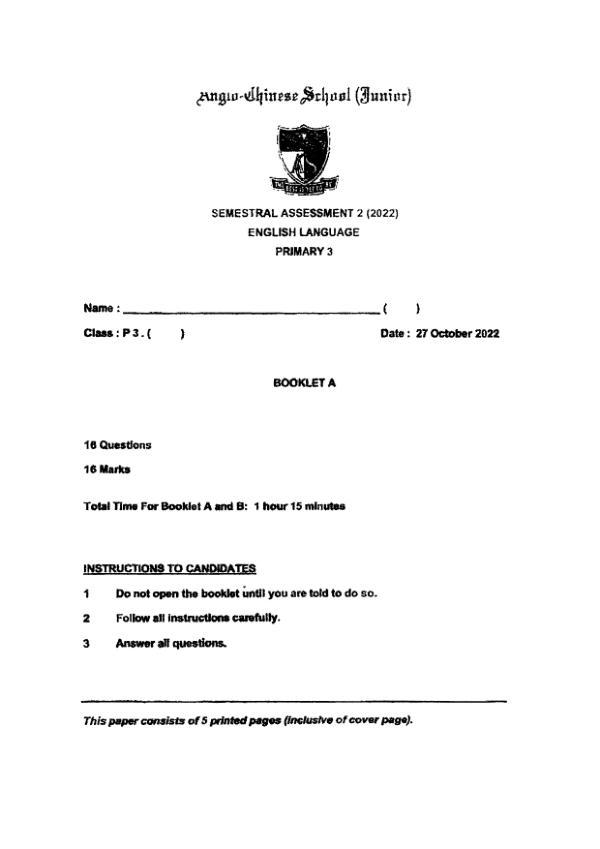 Anglo Chinese P3 Eng SA2 2022 exam paper PDF first page preview
