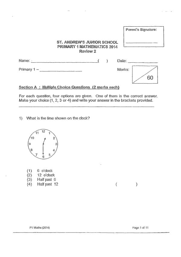 First page preview of P1 Math 2014 SA2 — St Andrews