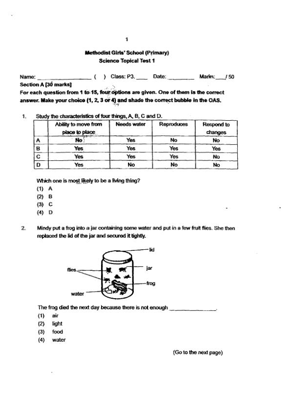 Methodist Girls P3 Sci WA1 2016 exam paper PDF preview