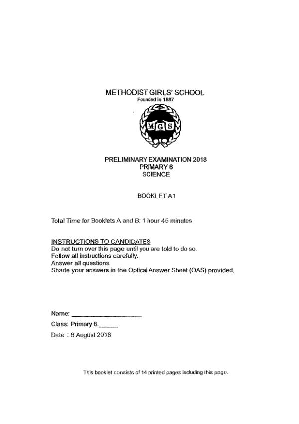 Methodist Girls P6 Sci SA2 2018 exam paper PDF first page preview
