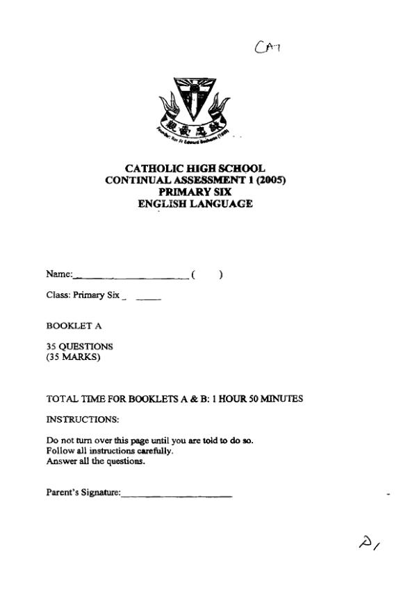 Catholic High P6 Eng WA1 2005 exam paper PDF preview