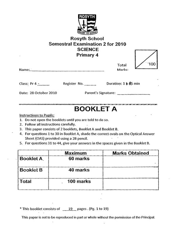 Rosyth P4 Sci SA2 2010 exam paper PDF first page preview