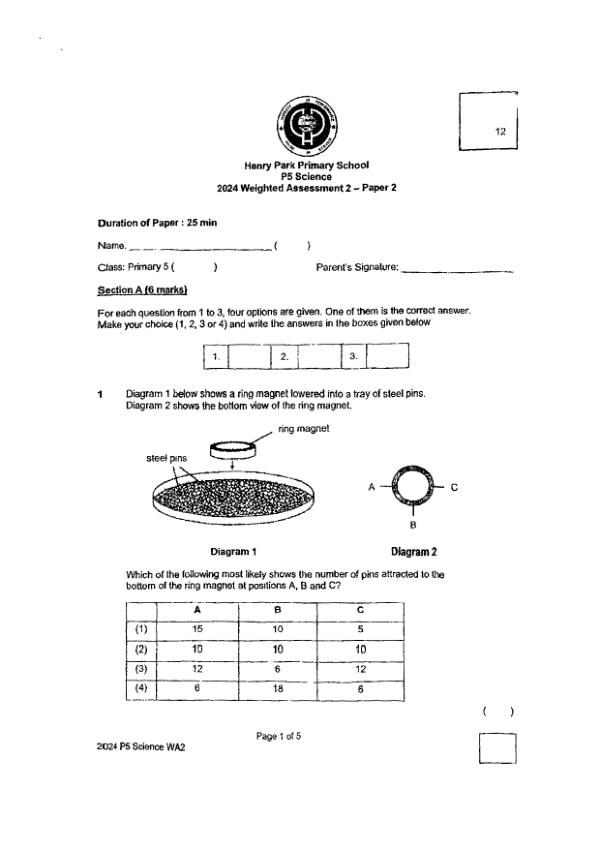 First page preview of P5 Sci 2024 WA2 — Henry Park