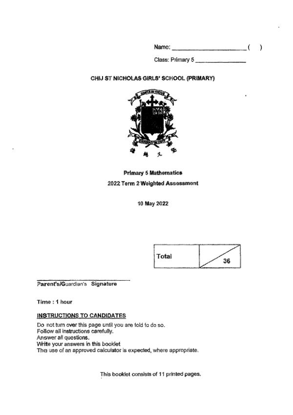 First page preview of P5 Math 2022 WA3 — CHIJ