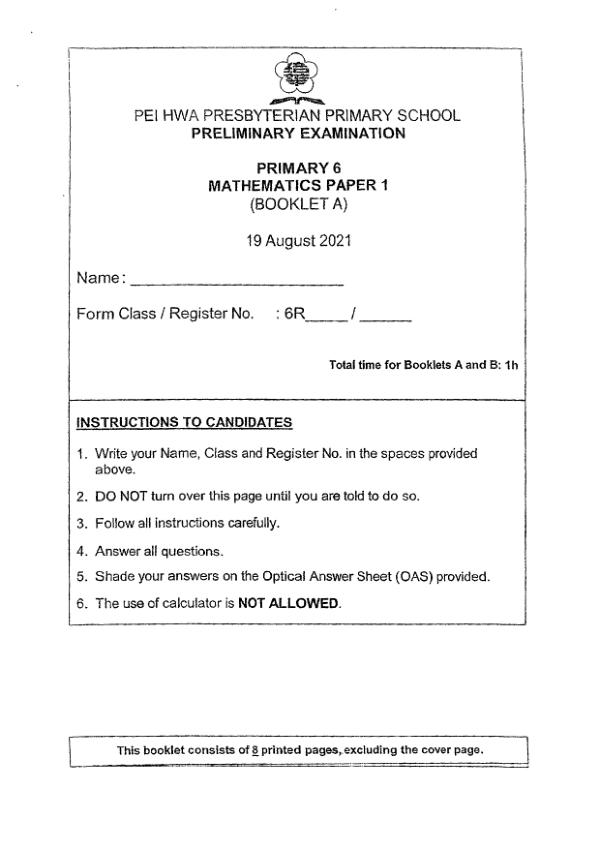 First page preview of P6 Math 2021 SA2 — Pei Hwa