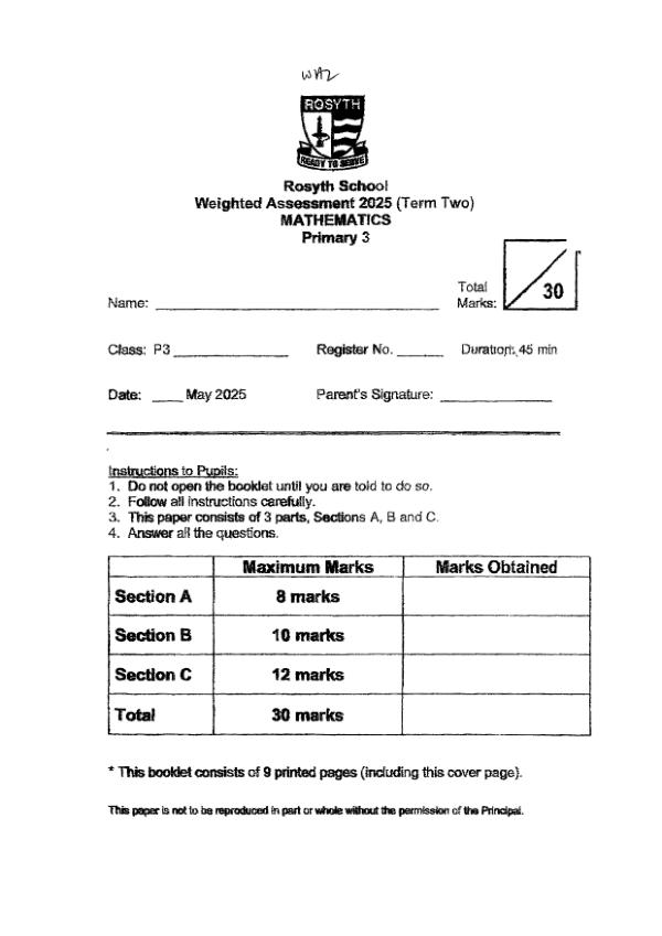 First page preview of P3 Math 2025 WA2 — Rosyth