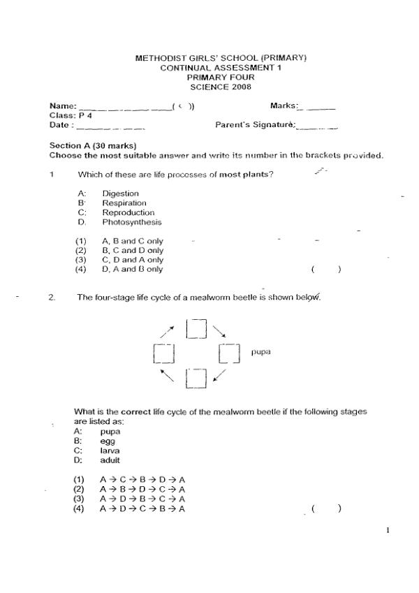 Methodist Girls P4 Sci WA1 2008 exam paper PDF preview