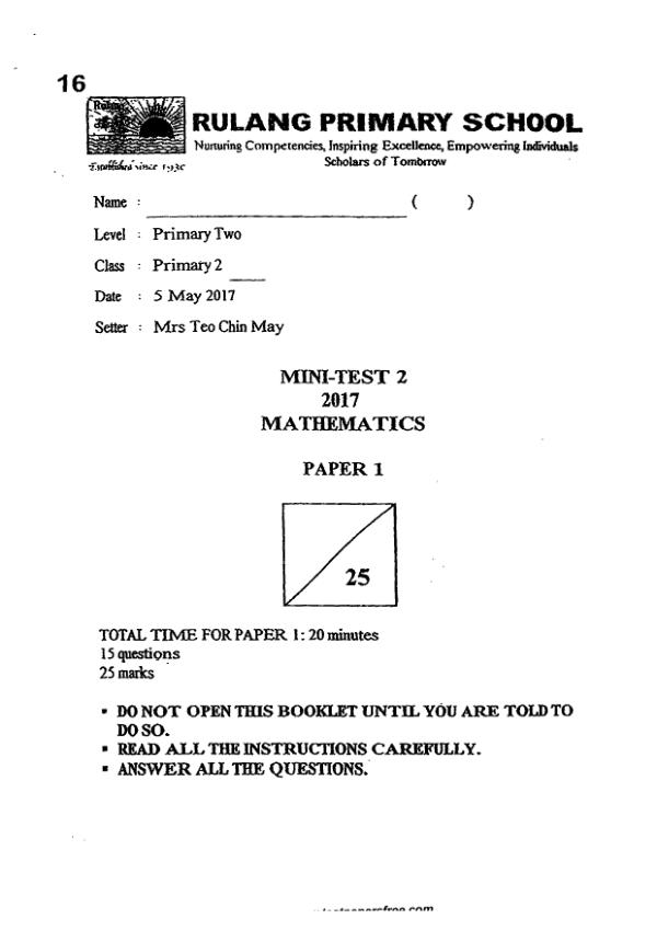 First page preview of P2 Math 2017 WA2 — Rulang