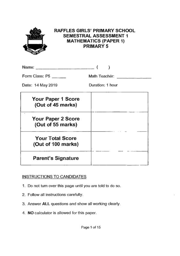 First page preview of P5 Math 2019 WA2 — Raffles Girls