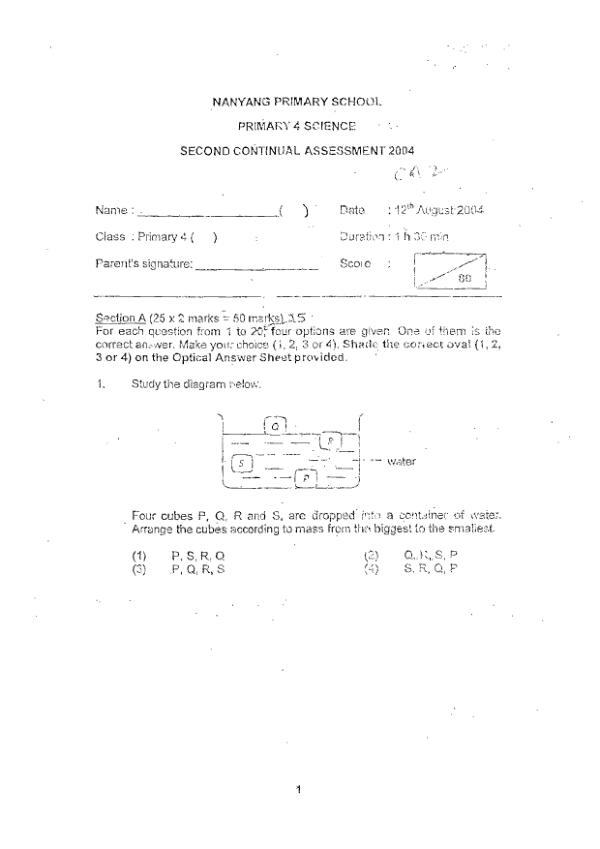 Nanyang P4 Sci WA3 2004 exam paper PDF first page preview