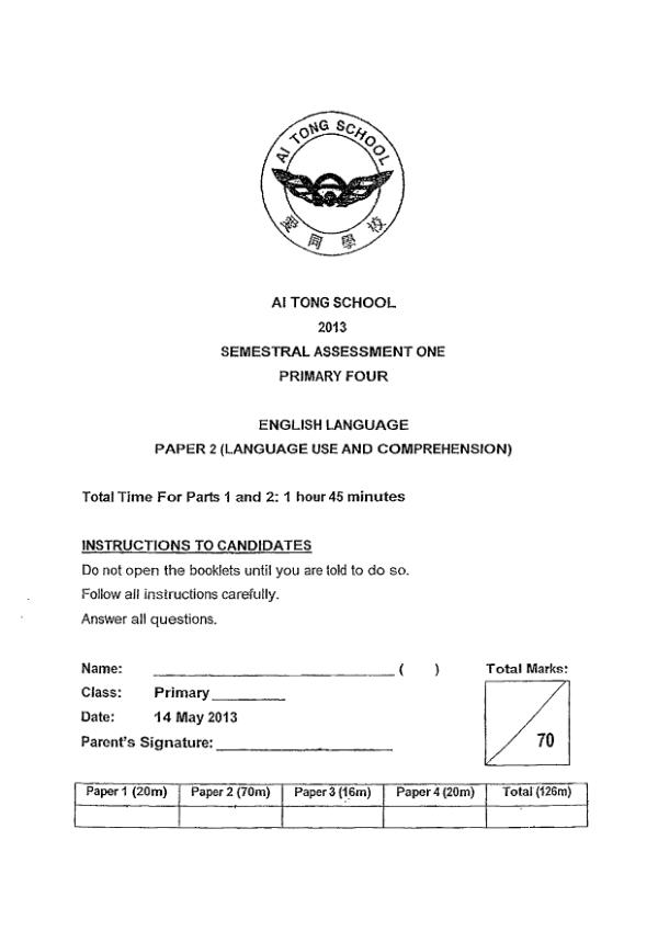 Ai Tong P4 Eng WA2 2013 exam paper PDF preview