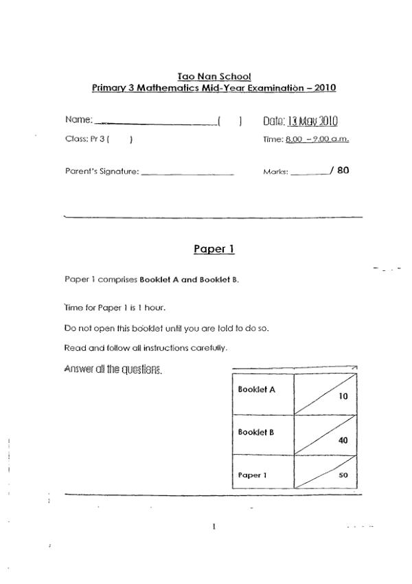 Tao Nan P3 Math WA2 2010 exam paper PDF preview