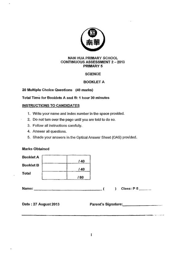 Nan Hua P5 Sci WA3 2013 exam paper PDF preview
