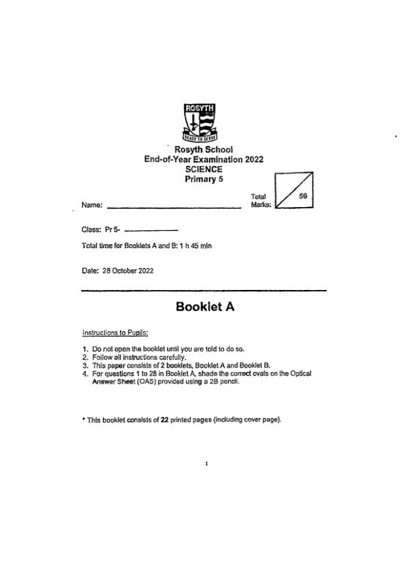 Rosyth P5 Sci SA2 2022 exam paper PDF first page preview