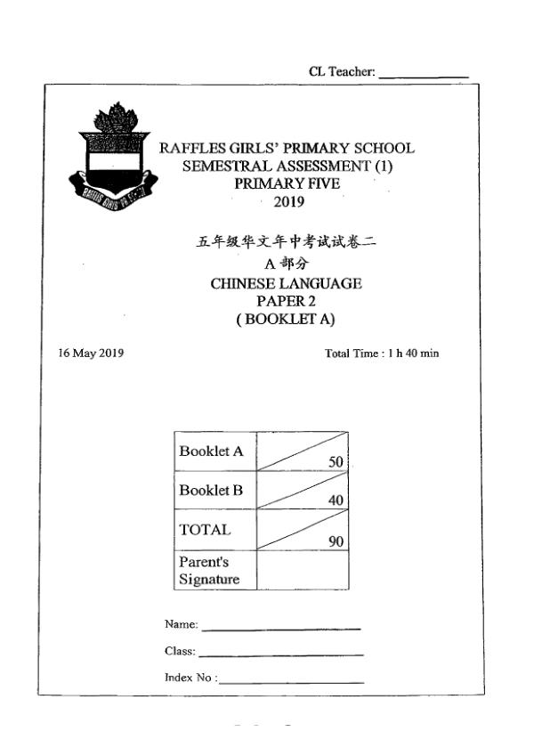 Raffles Girls P5 Chi WA2 2019 exam paper PDF first page preview