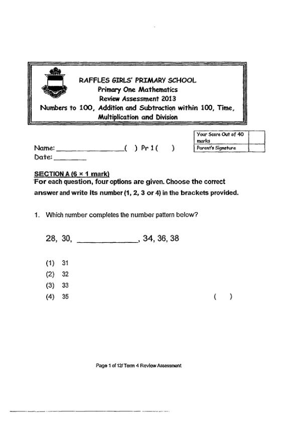 Raffles Girls P1 Math SA2 2013 exam paper PDF preview