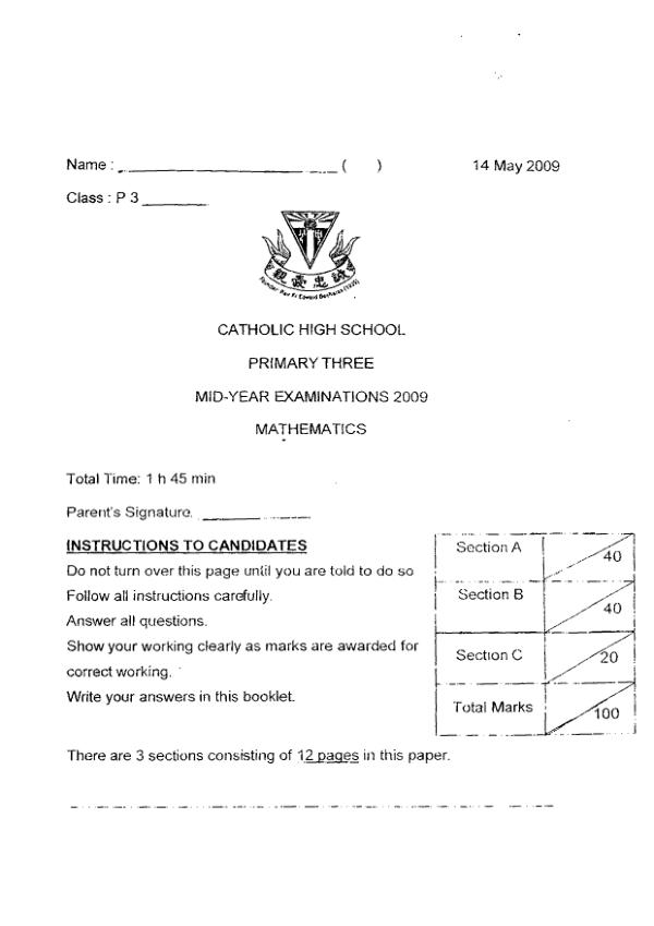 Catholic High P3 Math WA2 2009 exam paper PDF first page preview