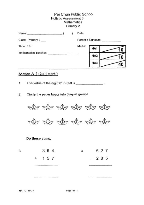 First page preview of P2 Math 2019 WA3 — Pei Chun