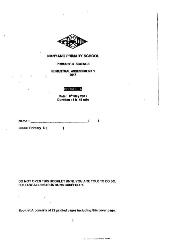 Nanyang P6 Sci WA2 2017 exam paper PDF first page preview