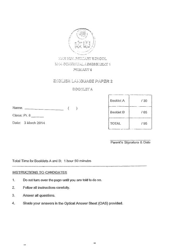 Nan Hua P6 Eng WA1 2014 exam paper PDF preview