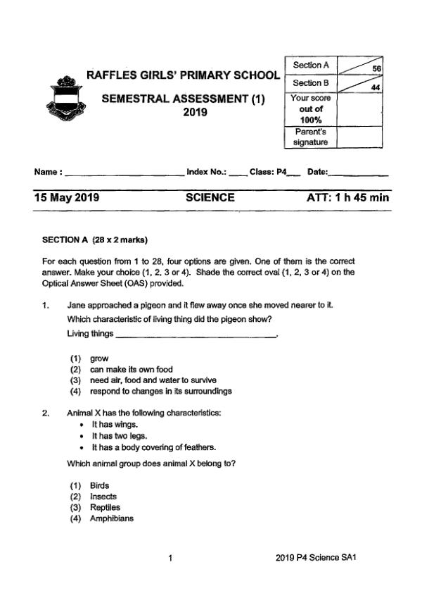 Raffles Girls P4 Sci WA2 2019 exam paper PDF first page preview