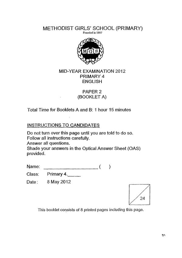 Methodist Girls P4 Eng WA2 2012 exam paper PDF first page preview