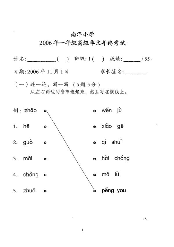 Nanyang P1 Chi SA2 2006 exam paper PDF preview