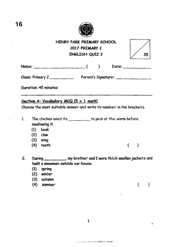 Henry Park P2 Eng WA3 2017 exam paper PDF first page preview