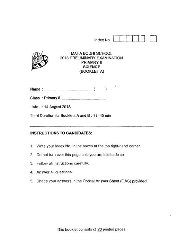 Maha Bodhi P6 Sci SA2 2018 exam paper PDF first page preview