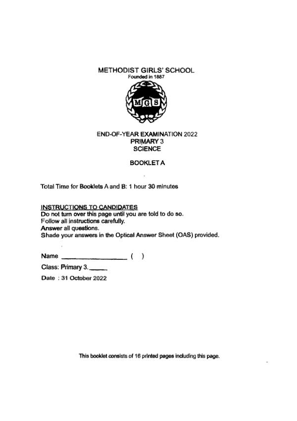 Methodist Girls P3 Sci SA2 2022 exam paper PDF first page preview
