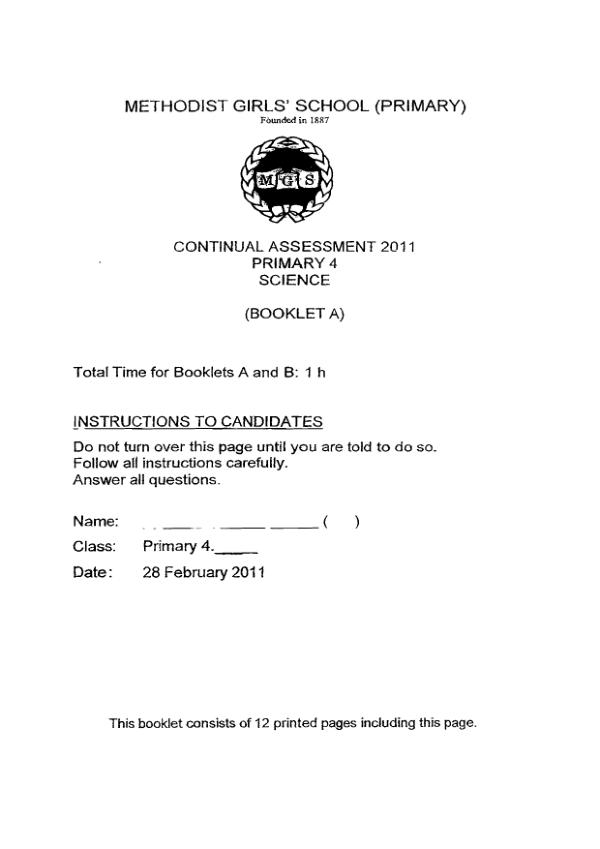 Methodist Girls P4 Sci WA1 2011 exam paper PDF preview