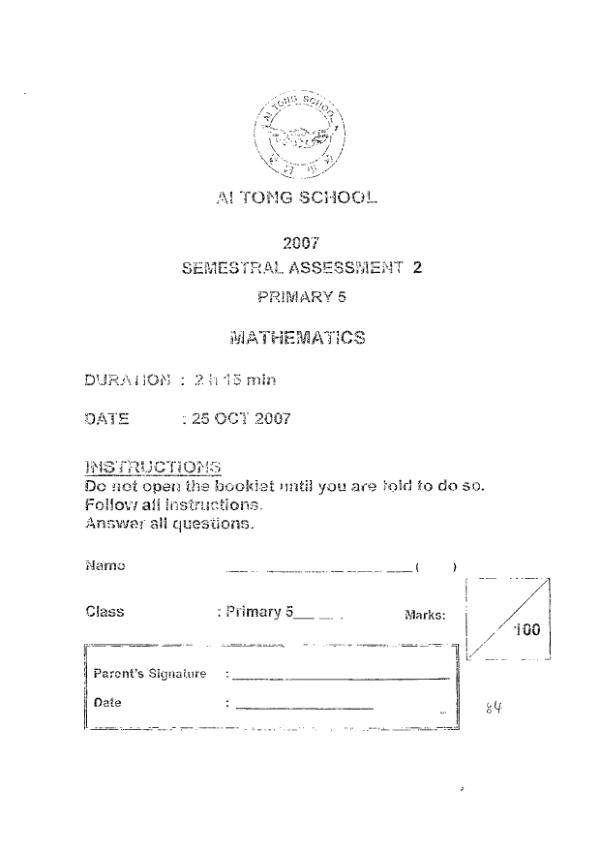 Ai Tong P5 Math SA2 2007 exam paper PDF preview