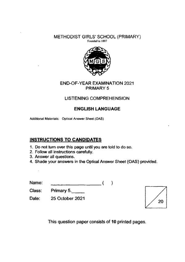 Methodist Girls P5 Eng SA2 2021 exam paper PDF first page preview