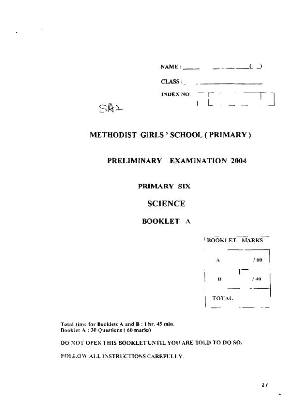 Methodist Girls P6 Sci SA2 2004 exam paper PDF preview