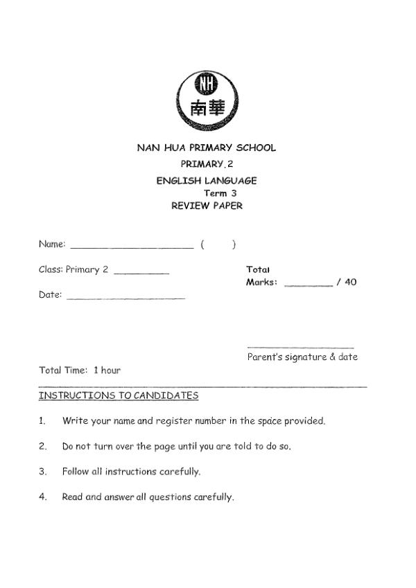 Nan Hua P2 Eng WA3 2019 exam paper PDF preview