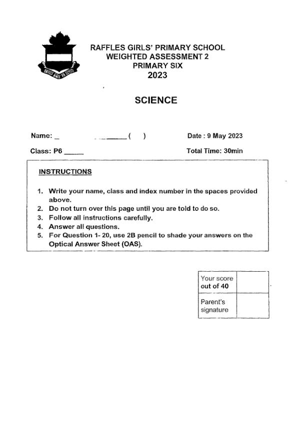 First page preview of P6 Sci 2023 WA2 — Raffles Girls