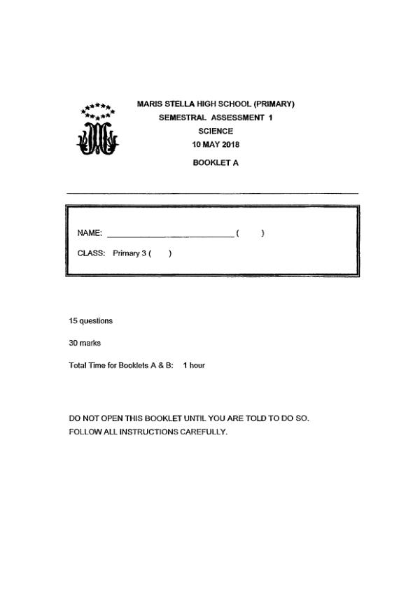 Maris Stella High P3 Sci WA2 2018 exam paper PDF first page preview