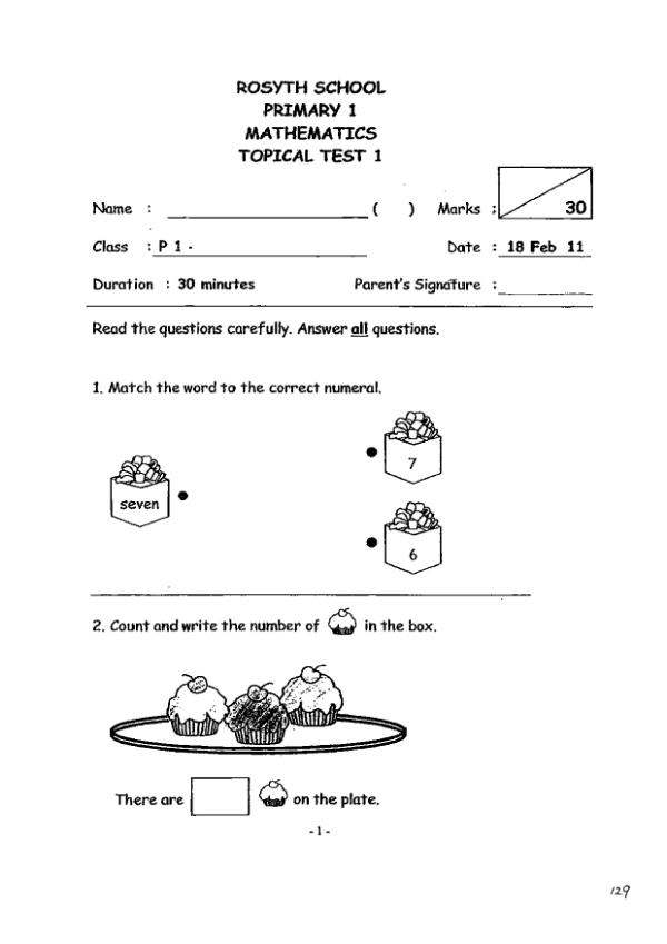 Rosyth P1 Math WA1 2011 exam paper PDF preview